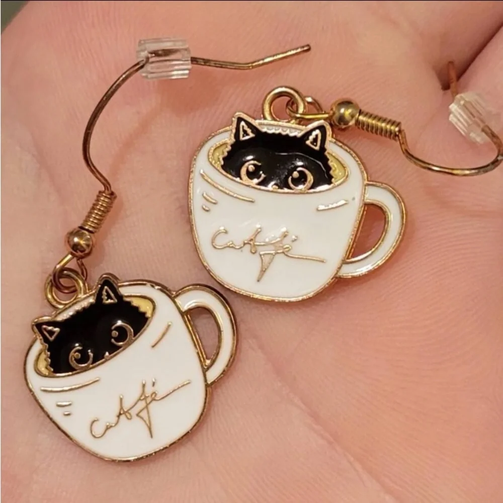 SuperCute Cafe Kitty Cat in a Cup o’ Coffee Gold Enamel Dangle Earrings - Picture 4 of 6